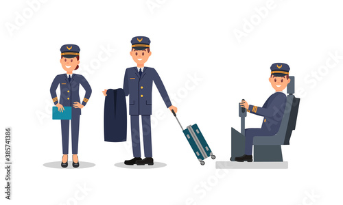 Man and Woman Aircraft Pilot Wearing Professional Blue Uniform Sitting at Control Stick and Pulling Luggage Vector Illustration Set