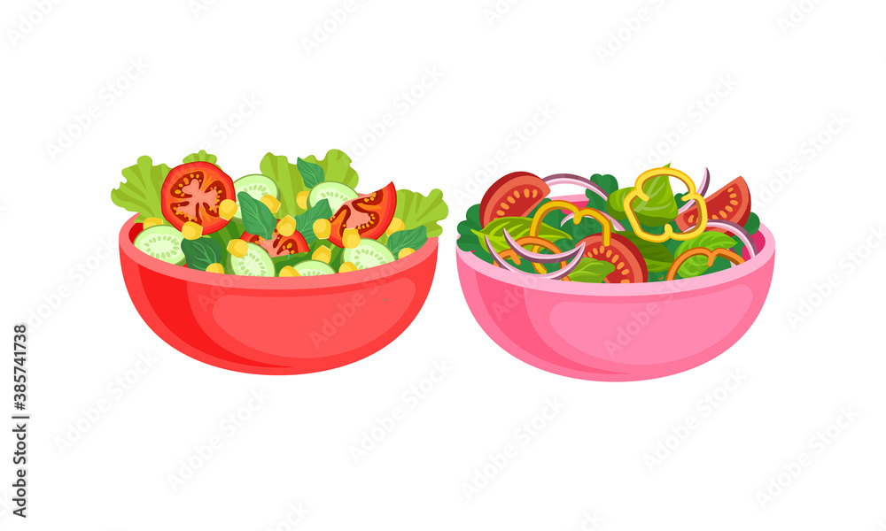 Fresh Salads in Bowl with Mixed Ingredients Vector Set Fresh Salads in Bowl with Mixed Ingredients Vector Set