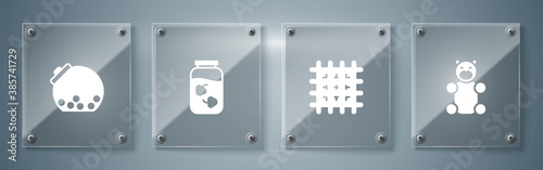Set Jelly bear candy, Cracker biscuit, Strawberry jam jar and Glass with candies inside. Square glass panels. Vector.