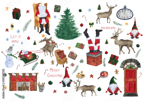 Fototapeta Naklejka Na Ścianę i Meble -  Christmas big set with Santa Claus, tree, deer, gnomes, fireplace, Christmas door, mulled wine, gifts, clock, snowman, Santa's sleigh, candles, armchair, firewood etc. Watercolor illustration.
