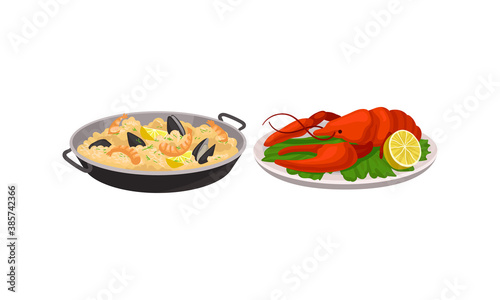 Rice with Shrimps and Herbs Served in Pan and Lobster as Spanish Cuisine Dish Vector Set