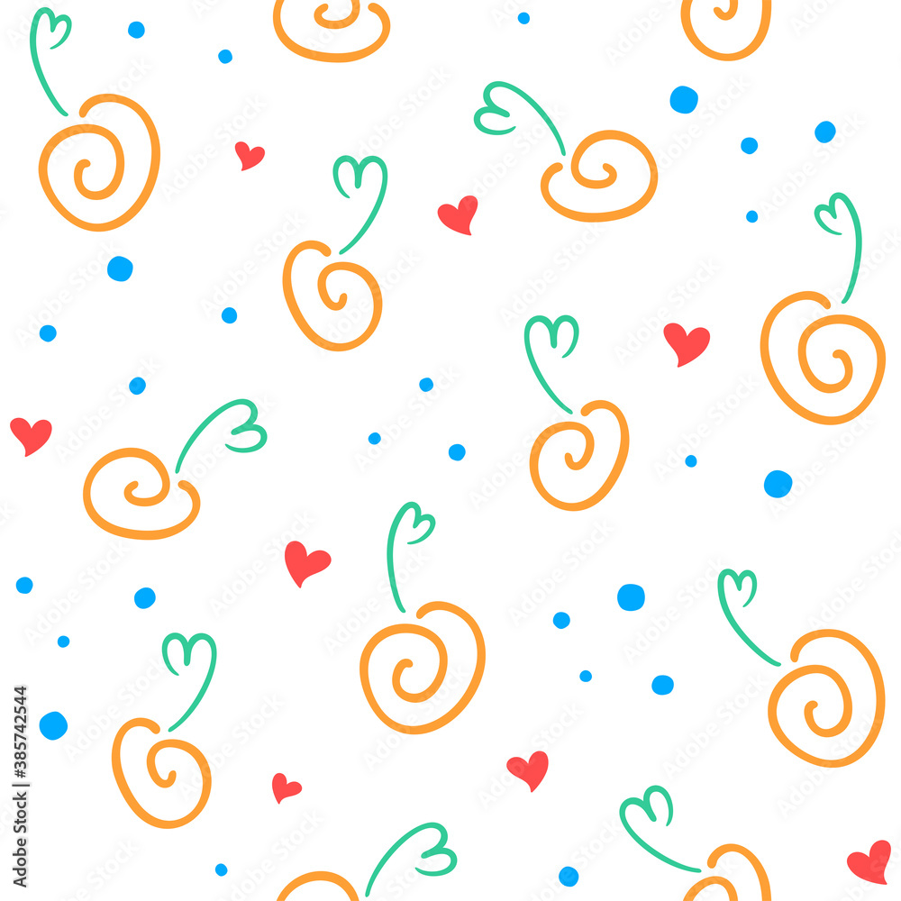 Abstract fruits and berries outline, hearts and small circles on a white background. Vector seamless pattern for kid`s wallpaper, wrapping paper, packaging, printing on fabric, textile, clothes or bag Abstract fruits and berries outline, hearts and small circles on a white background. Vector seamless pattern for kid`s wallpaper, wrapping paper, packaging, printing on fabric, textile, clothes or bag