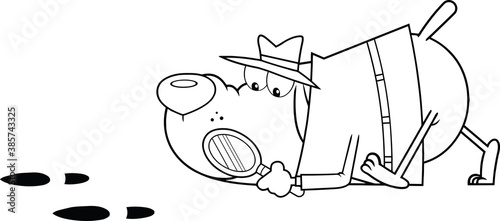 Black And White Detective Dog Cartoon Character Following A Clues. Vector Illustration Isolated On White Background