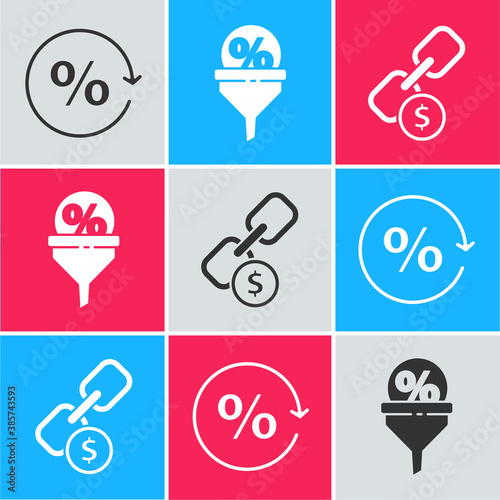 Set Discount percent tag, Lead management and Chain link and coin icon. Vector.