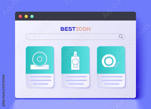 Set Mouthwash plastic bottle, Otolaryngological head reflector and Dental floss icon. Vector.
