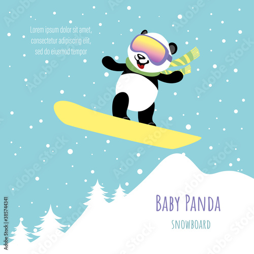 A little brave panda is riding a snowboard. Illustration for children.