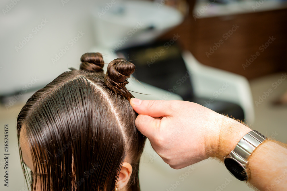 Fototapeta premium Young woman receives process of hairstyle by hairdresser at beauty hair salon