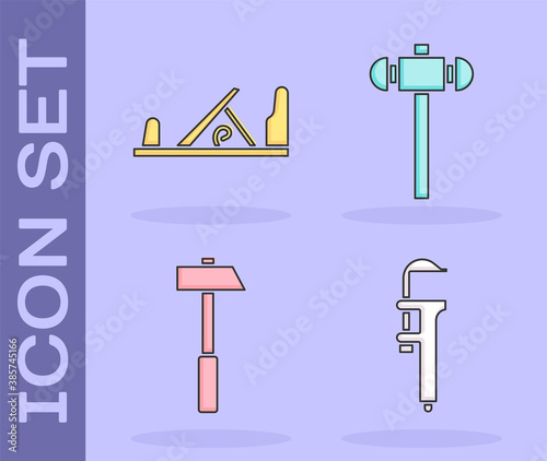 Set Calliper or caliper and scale, Wood plane tool, Hammer and Sledgehammer icon. Vector.