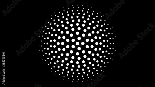 Circular monochrome seamless dot pattern 4K animation with 5 fold rotational symmetry, circles orbit in a synchronised mathematical geometric structure