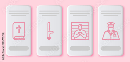Set line Holy bible book, Police rubber baton, Suspect criminal and Police officer. White rectangle button. Vector.