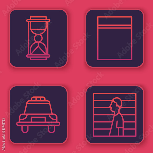 Set line Old hourglass with sand, Police car and flasher, Plastic bag with ziplock and Suspect criminal. Blue square button. Vector.
