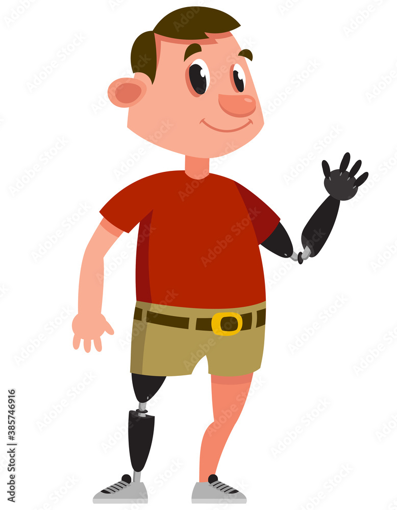 Man with prosthetic arm and leg. Male character in cartoon style.