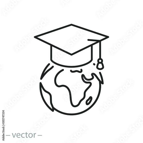international education icon, earth in graduate hat, world globe university, academy online learn, global distance education, thin line symbol on white background - editable stroke vector illustration