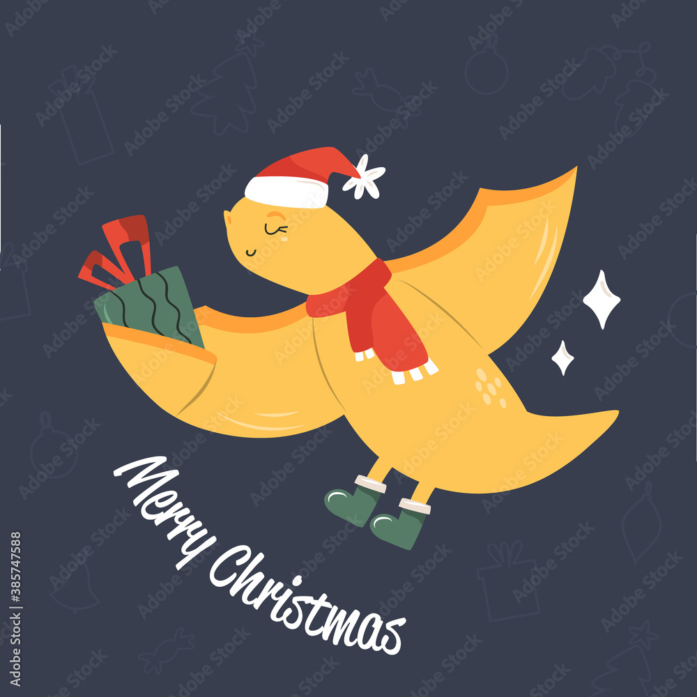 Cute flying dino in holiday clothing scarf, boots and hat. Christmas card, print for clothing.