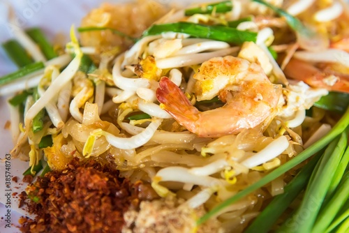 Selective focus of Thai food Pad thai , Stir fry noodles with shrimp