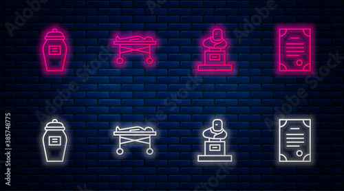 Set line Dead body in the morgue, Grave with tombstone, Funeral urn and Death certificate. Glowing neon icon on brick wall. Vector.