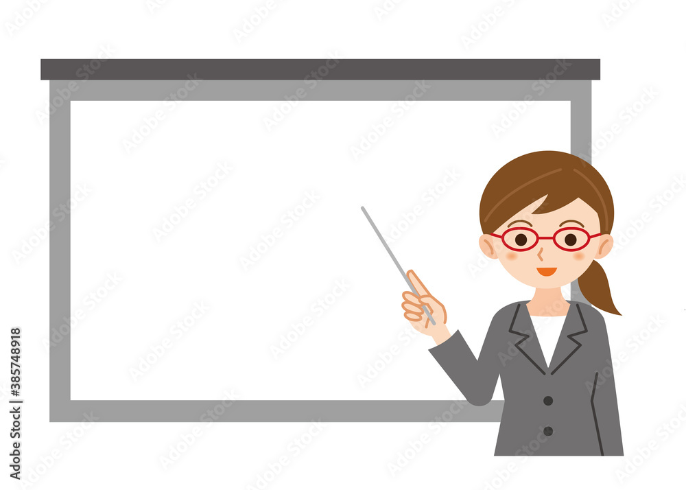 スクリーンで解説するセミナー女性講師のイラスト 白背景 Stock Vector Adobe Stock