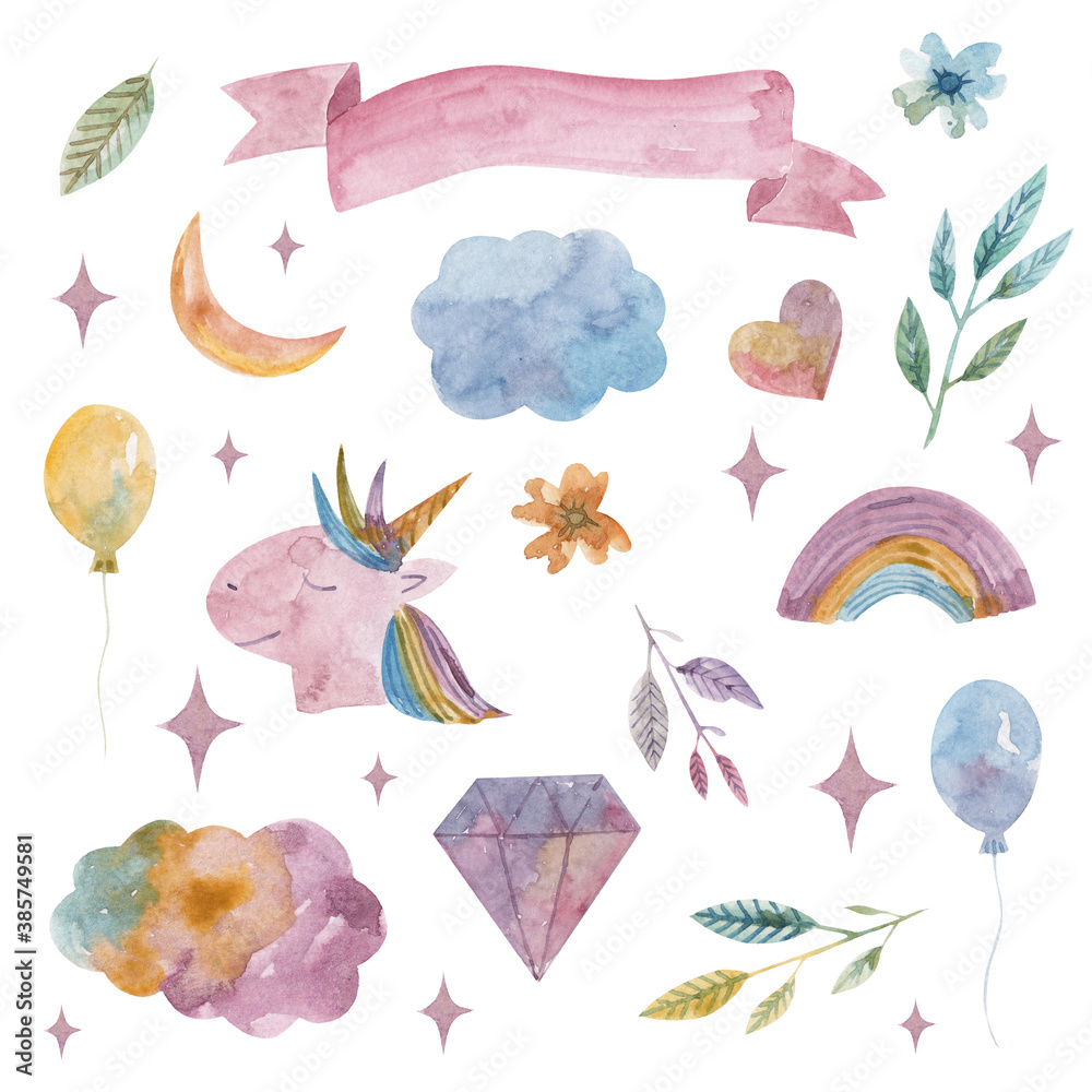 Collection of cute elements in pastel colors for design. Unicorn, rainbow, clouds, balloons, crystal, stars, twigs, flowers. Celebrating theme, birthday, for girls.