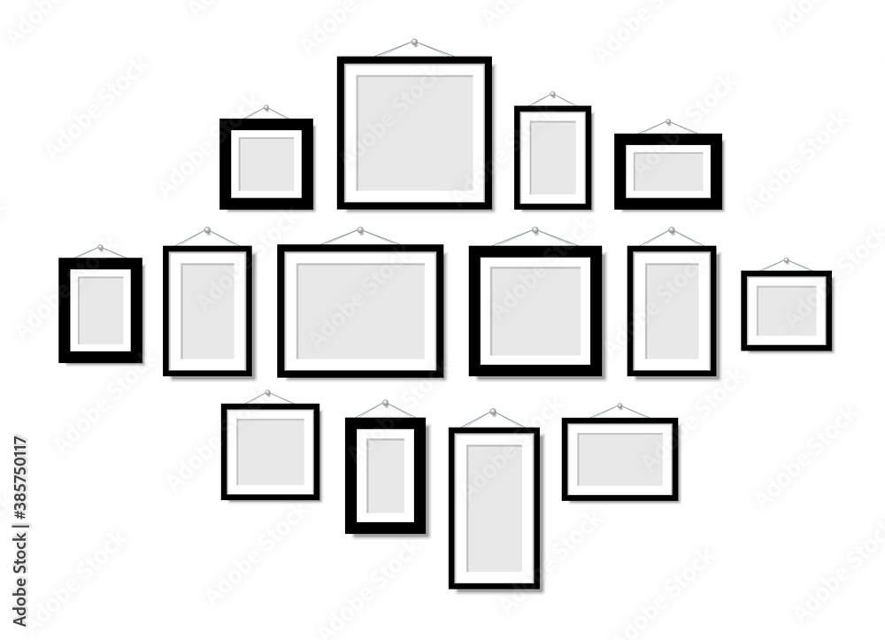 Set Empty frames for photos or pictures hanging on the wall. Frame for family photos. Vector mock up. blank frame art gallery.