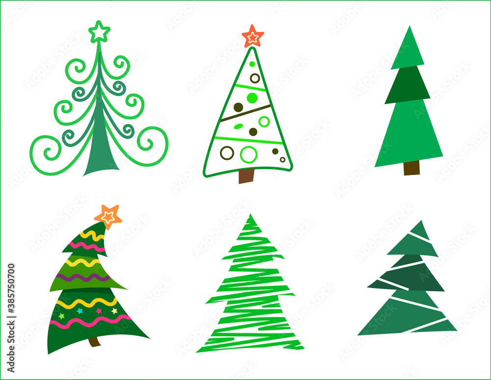Obraz premium Set Different abstract green Christmas trees with tinsel and without. Collection of Christmas trees, modern flat design. vector illustration.