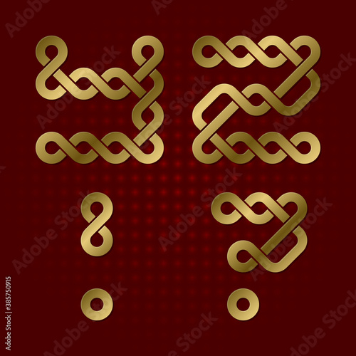Gold font of twisted strips. Y, Z isolated golden letters, exclamation and question marks.