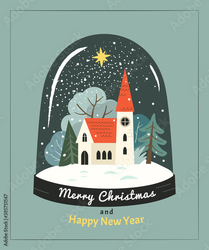 Christmas greeting card. Vector illustration in contemporary flat style of glass snow globe with winter landscape and church inside. Isolated on background