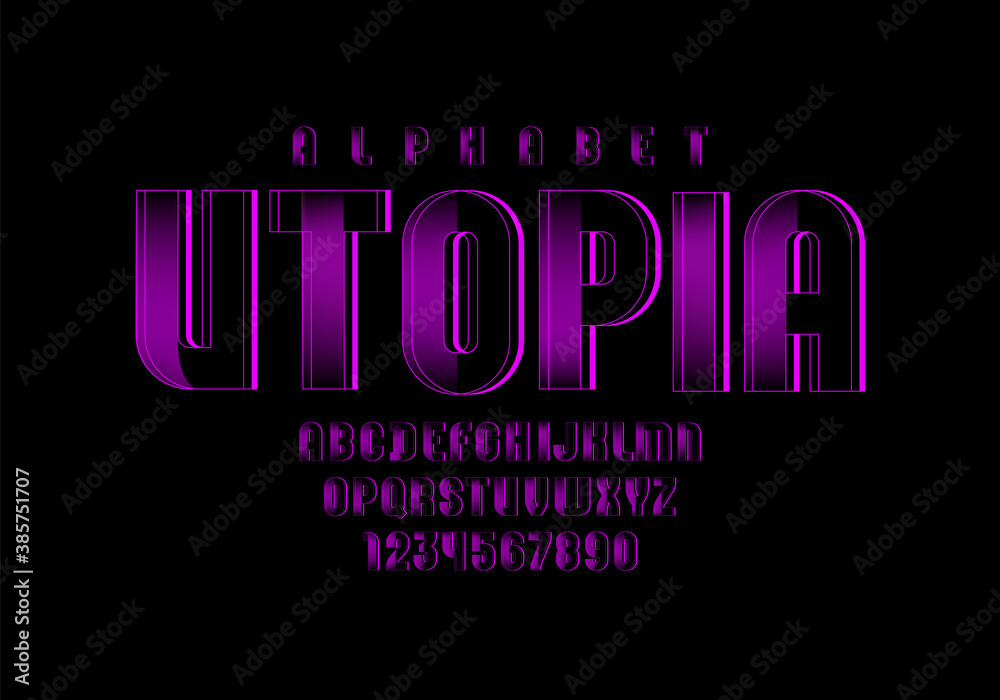 Purple technical font, digital alphabet, letters (A, B, C, D, E, F, G, H, I, J, K, L, M, N, O, P, Q, R, S, T, U, V, W, X, Y, Z) and numbers (0, 1, 2, 3, 4, 5, 6, 7, 8, 9), vector illustration 10EPS