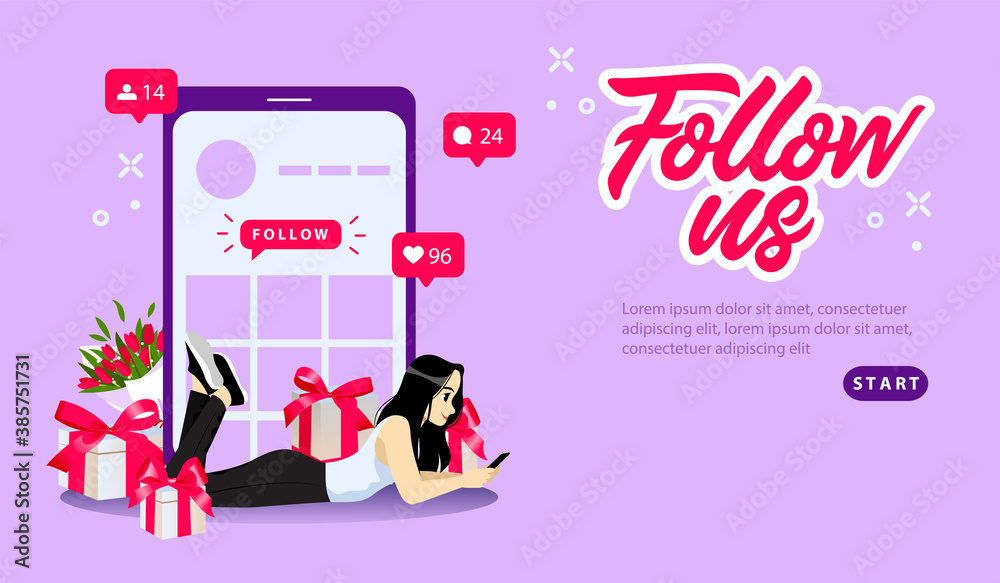 Advertisement Online, Social Media, Networking Likes Concept. Flowers, Boxes With Gifts And Girl Shopping From Mobile Device On Pale Violet Background. Follow Us Banner, Flat Style Vector Illustration