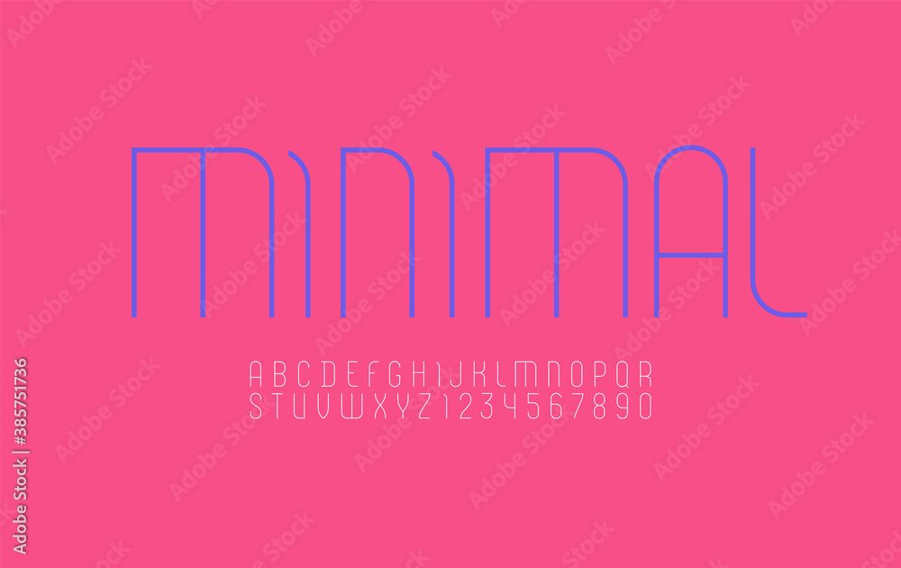 High font, condensed thin alphabet sans serif, blue letters and numbers, vector illustration 10EPS
