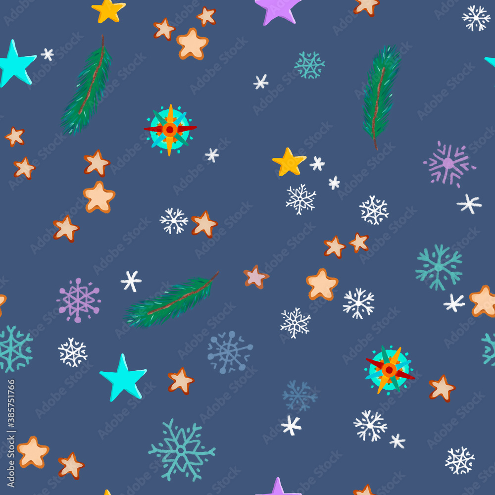 seamless pattern with christmas stars, snowflakes, fir twigs