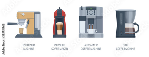 Flat coffee makers set. Automastic coffe machine, espresso machine, capsule coffe maker, drip coffee machine. Vector illustration