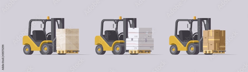 Vector forklift set. 3d forklifts with cargo on light background Vector forklift set. 3d forklifts with cargo on light background