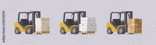 Vector forklift set. 3d forklifts with cargo on light background