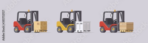 Vector forklift set. 3d forklifts with cargo on light background
