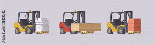 Vector forklift set. 3d forklifts with building materials on light background