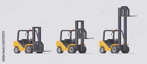 Vector forklift set. 3d forklifts with different fork positions on light background