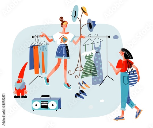 People at bazaar fair or flea market. Woman selling clothes, shoes and hats, girl customer looking. Old and used assortment for sale vector illustration. Shop in street outdoor