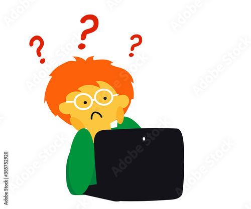Man, question mark and computer. Cartoon. Vector illustration.