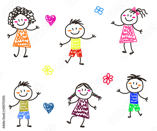 Various children are having fun on a white background. Children's drawing. Vector illustration.