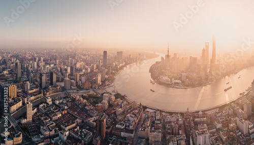 aerial view sunrise over the Shanghai city