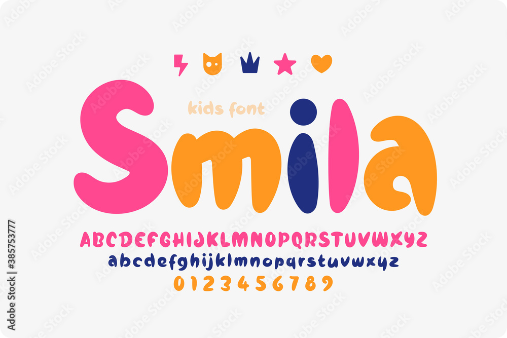Cute and playful kids font. Uppercase, lowercase, numbers and symbols vector illustration Cute and playful kids font. Uppercase, lowercase, numbers and symbols vector illustration