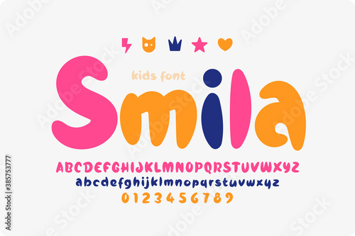 Cute and playful kids font. Uppercase, lowercase, numbers and symbols vector illustration
