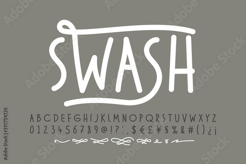 Handwitten font with swashes. Alphabet letters, numbers, punctuation marks, symbols and alternates vector illustration