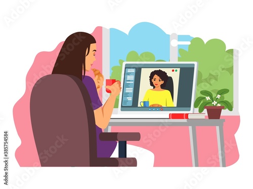 Women talking at online video call. Communication via computer screen vector illustration. Female friends on videoconference, drinking tea with croissants. Virtual digital meeting