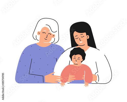 Vector isolated concept for Mother's day with flat cartoon characters. Happy family is smiling. Handsome mother hugs her cute little kid, senior grandmother cuddles her daughter - young adult woman