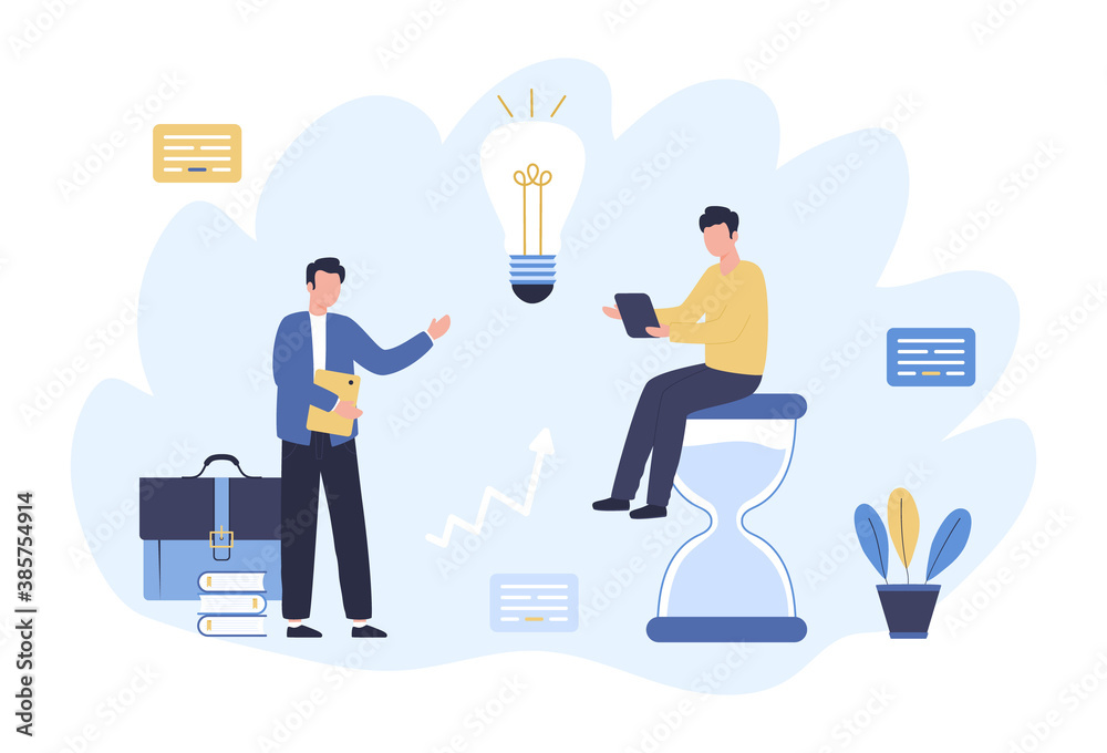 Concept of productive work in the office. Project discussion and efficiency analysis. Successful time management multitasking. Compliance with rules and regulations. Flat vector illustration. Concept of productive work in the office. Project discussion and efficiency analysis. Successful time management multitasking. Compliance with rules and regulations. Flat vector illustration.