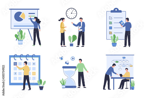 Collection of office work concepts. Task scheduling and performance analysis. Successful time management multitasking. Compliance with rules and regulations. Flat vector illustration