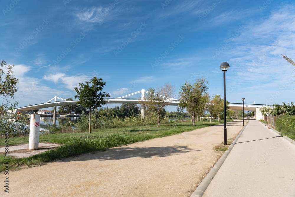 Sant Jaume d Enveja new bridge Lo Passador over Ebro river Ebro Delta, Tarragona, Catalonia, Spain