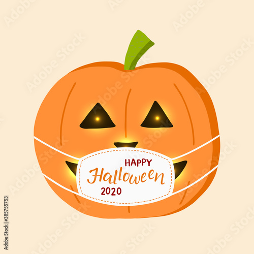 Pumpkin wears a face mask with handwritten Happy Halloween 2020 lettering. With slits instead of eyes, nose and mouth, in which a fire burns. For greeting card, party invitation, poster, banner.