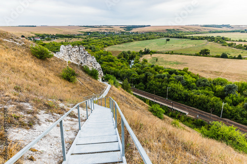 a plateau and open-air museum on the right bank of Don River, a steppe with remains of chalk pillars or limestone outcrops, known for its cave temples. Russia photo